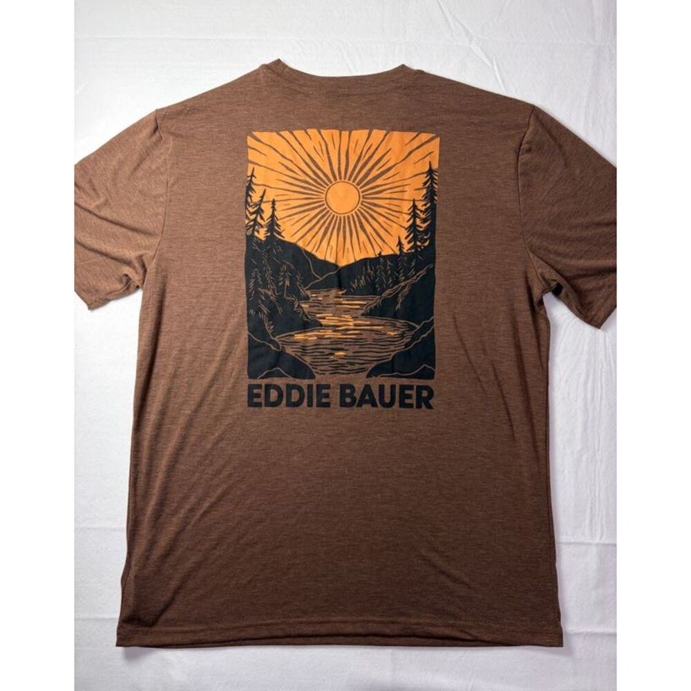 Eddie Bauer Brown Heather Graphic T-Shirt Nature Sunset Back Graphic Men Medium